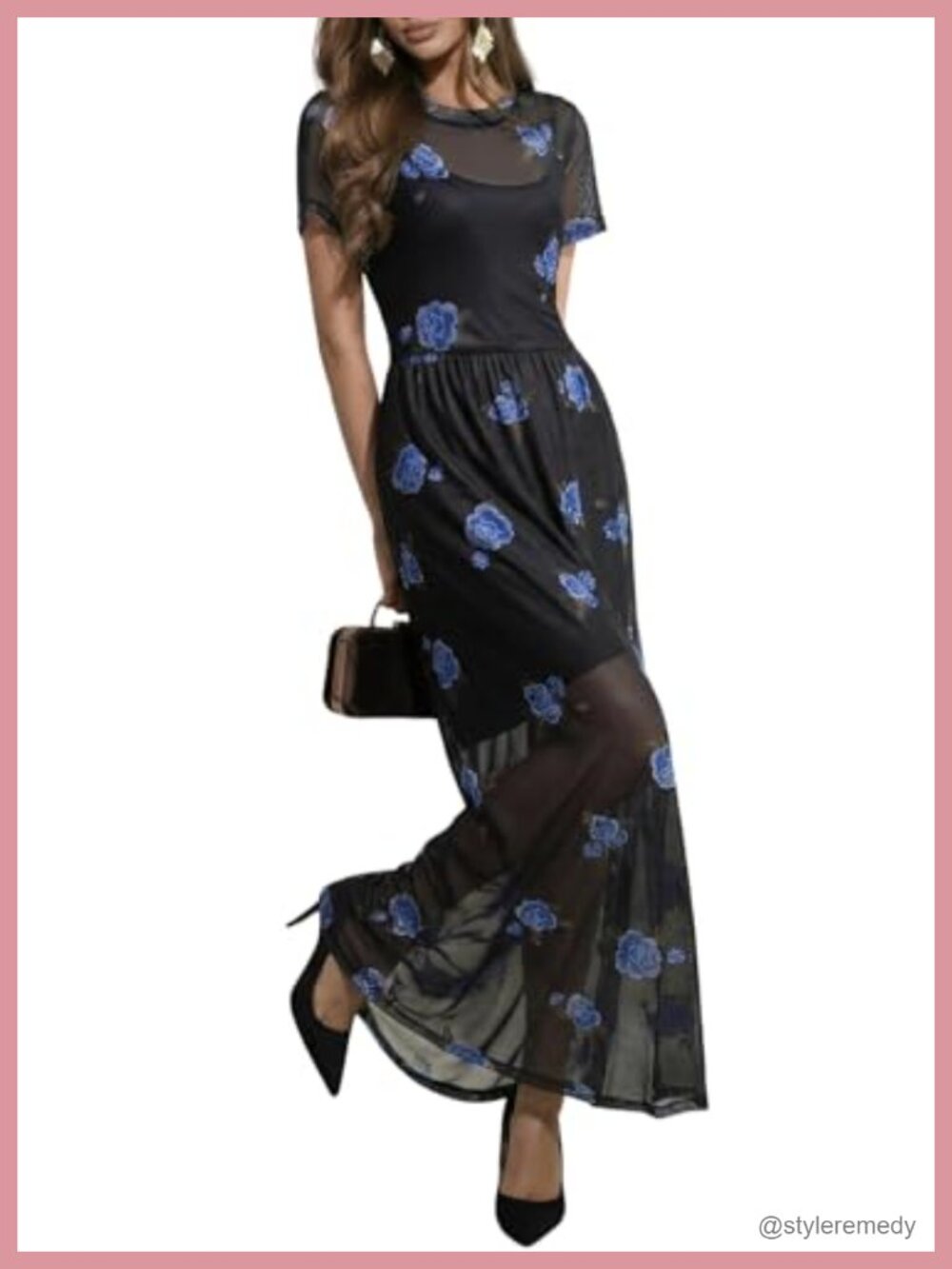 Floral Print Mesh Maxi Dress High Waist Short Sleeve Slit Flowy Boho